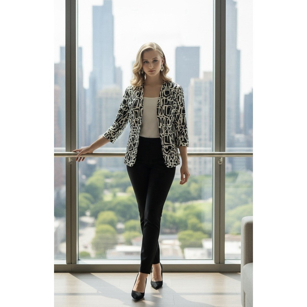 Dressbarn Geometric Black White 3/4 Sleeve Lined Blazer Jacket Medium